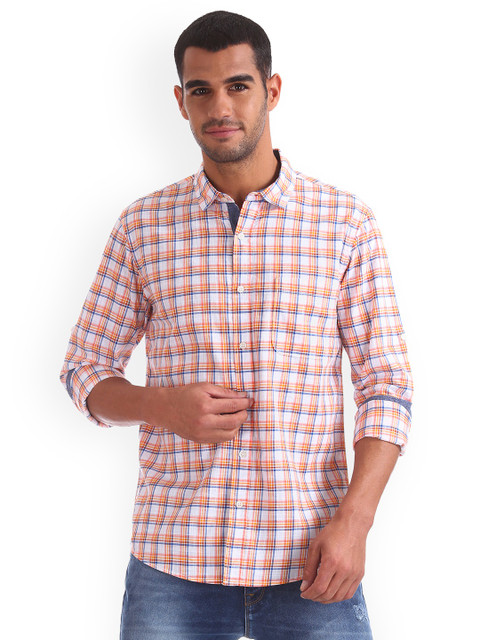 

Ruggers Men Orange & White Regular Fit Checked Casual Shirt