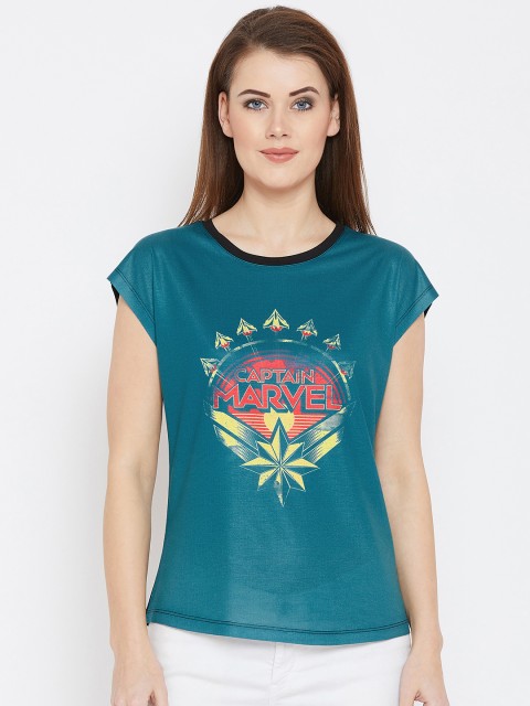 

Marvel by Wear Your Mind Women Teal Green Marvel Printed Top