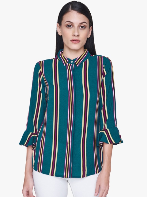 

AND Women Teal Blue & Pink Striped Shirt Style Top