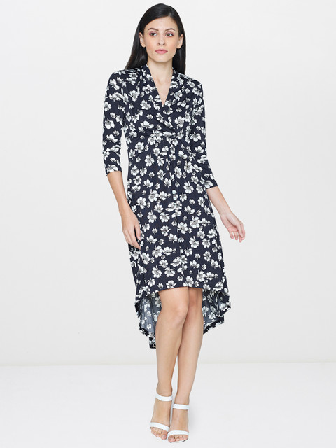 

AND Women Navy Blue & White Printed A-Line Dress