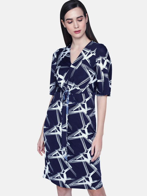 

AND Women Navy Blue & White Printed Sheath Dress