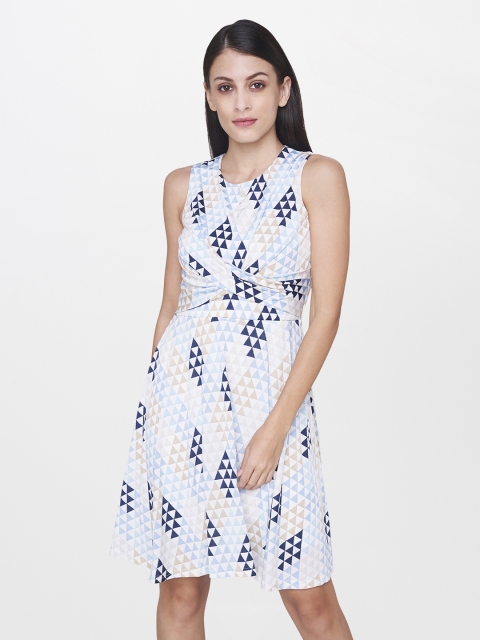 

AND Women White & Blue Printed A-Line Dress