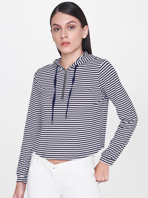 

AND Women Navy & White Striped Hooded T-shirt, Navy blue