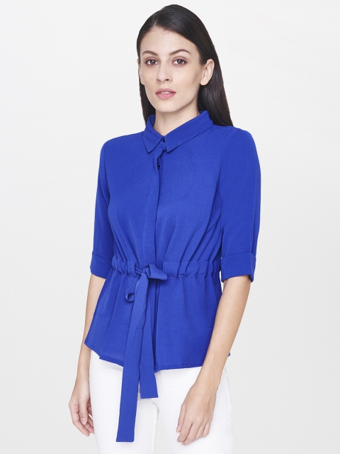 

AND Women Blue Regular Fit Solid Casual Shirt