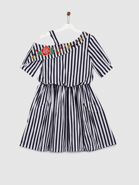 

YK Girls Navy Blue & White Striped Fit and Flare Dress