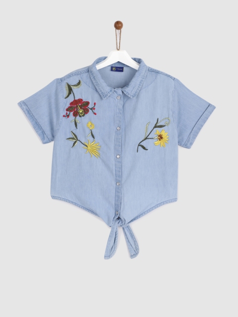 

YK Girls Blue Embroidered Shirt Style Top