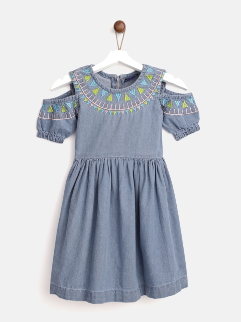

YK Girls Blue Solid Chambray Fit And Flared Dress with Embroidery and Cold Shoulder