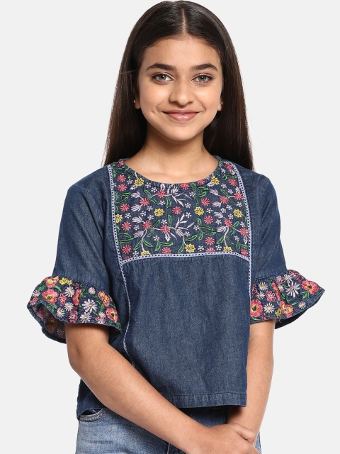 

YK Girls Blue Embroidered Chambray Crop A-Line Top