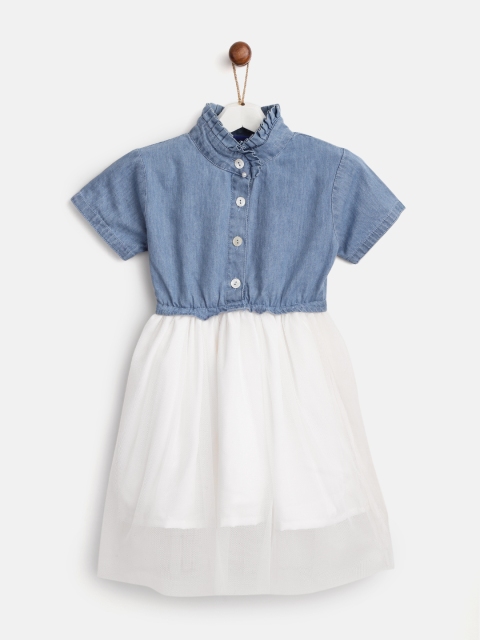 

YK Girls Blue & White Colourblocked Chambray & Net Fit And Flared Dress