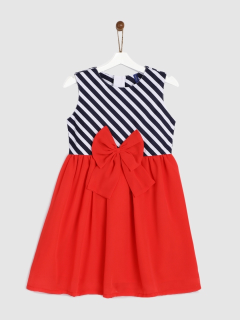 

YK Girls Navy Blue & Red Striped Fit and Flare Dress