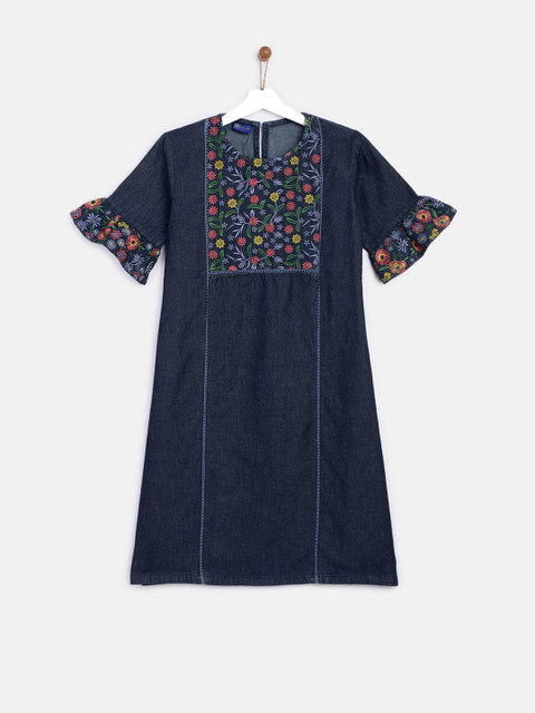 

YK Girls Navy Blue A-Line Denim Dress with Floral Embroidery