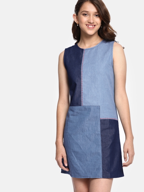 

YK Girls Blue Colourblocked Sheath Denim Dress with Patch Work Detailing