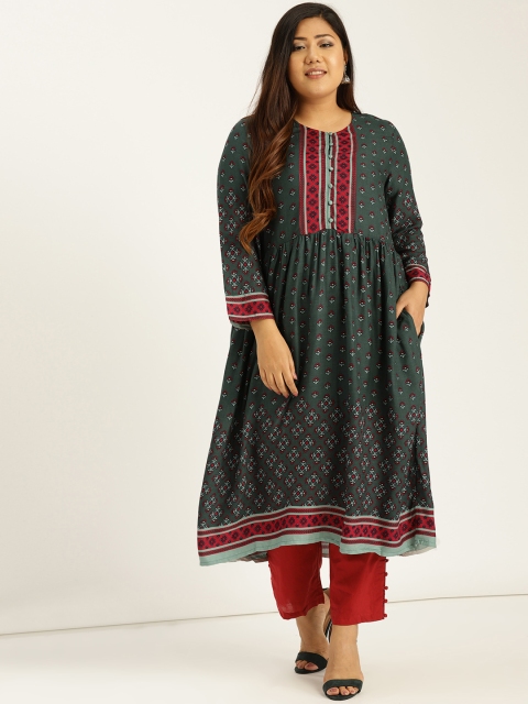 

Sztori Plus Size Women Olive Green Red Printed A-Line Kurta