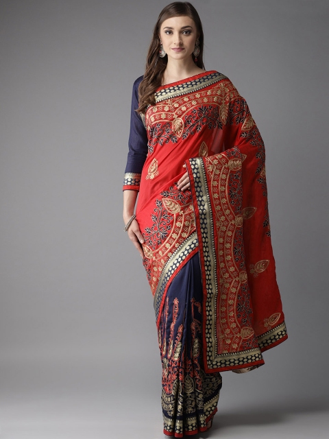 

MANOHARI Red & Navy Blue Embroidered Saree