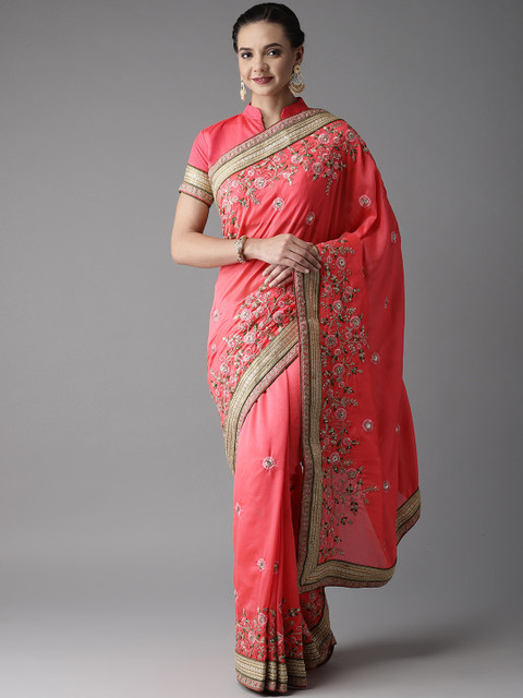 

MANOHARI Coral Pink Embroidered Saree