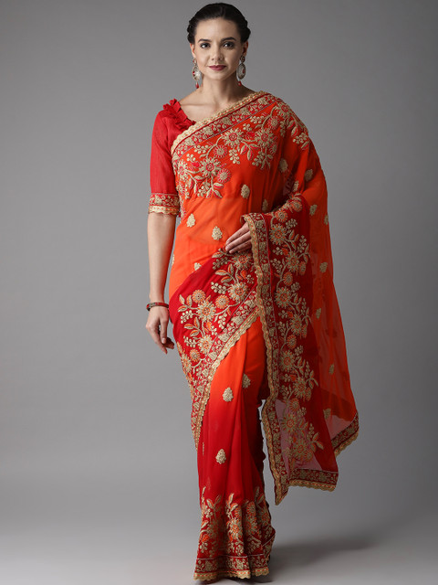 

MANOHARI Orange & Red Embroidered Saree
