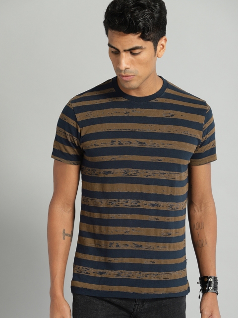 

Roadster Men Brown & Navy Blue Striped Round Neck T-shirt