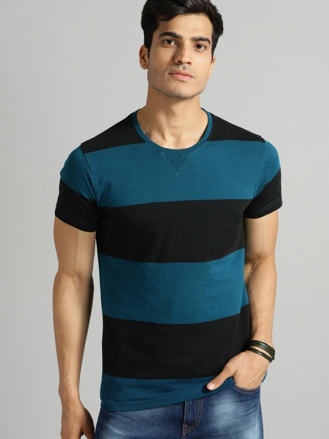 

Roadster Men Teal Blue & Black Striped Round Neck T-shirt