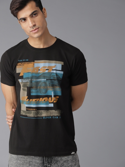 

Roadster Men Black Printed Round Neck T-shirt
