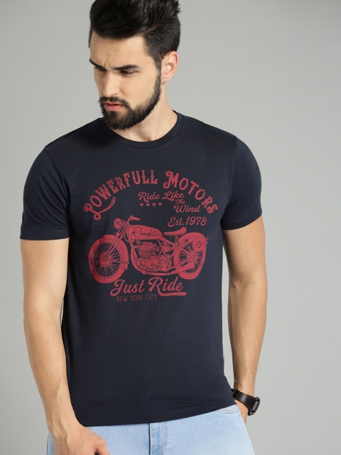 

The Roadster Lifestyle Co Men Navy Blue Printed Round Neck Pure Cotton T-shirt