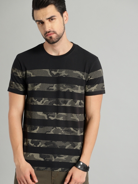 

The Roadster Lifestyle Co Men Black Olive Green Striped Round Neck Pure Cotton T-shirt
