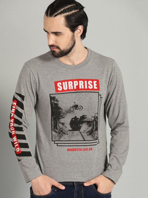 

Roadster Men Grey Melange Printed Round Neck T-shirt