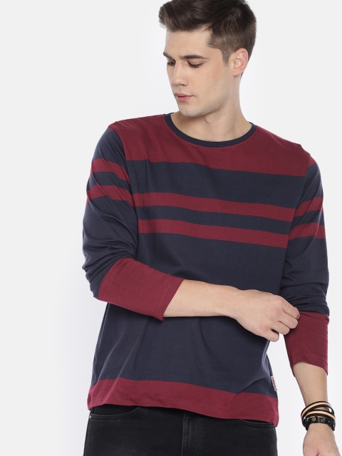 

Roadster Men Navy Blue & Maroon Striped Round Neck T-shirt