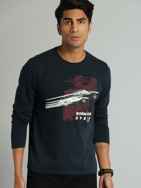 

Roadster Men Navy Blue & Maroon Printed Round Neck T-shirt