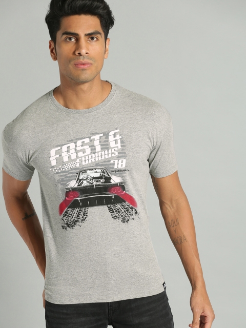 

Roadster Men Grey Printed Round Neck T-shirt