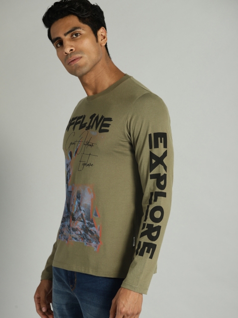 

Roadster Men Olive Green Printed Round Neck T-shirt