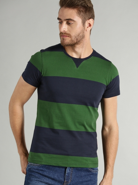 

Roadster Men Green & Navy Blue Striped Round Neck T-shirt