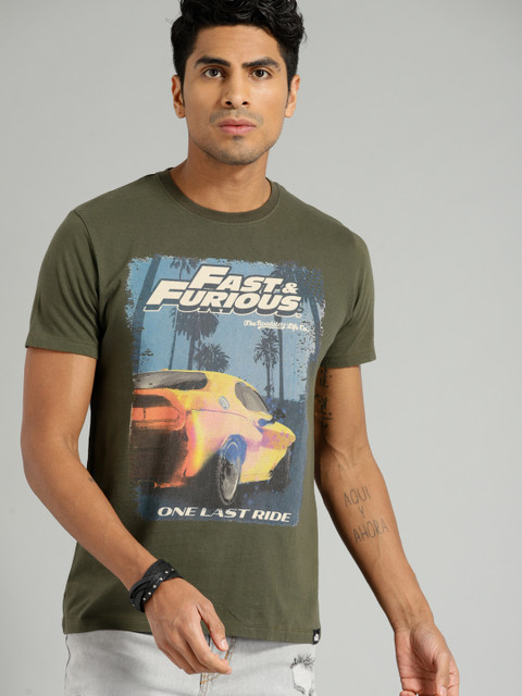 

The Roadster Lifestyle Co Men Olive Green Printed Round Neck Pure Cotton T-shirt