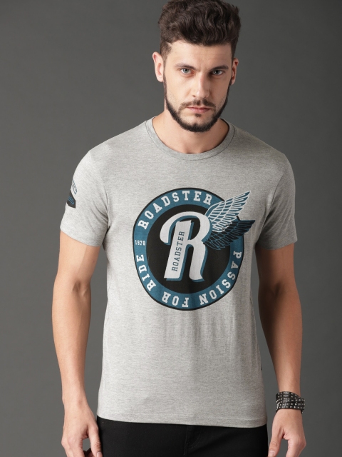 

The Roadster Lifestyle Co Men Grey Melange Brand Carrier Printed Round Neck T-shirt