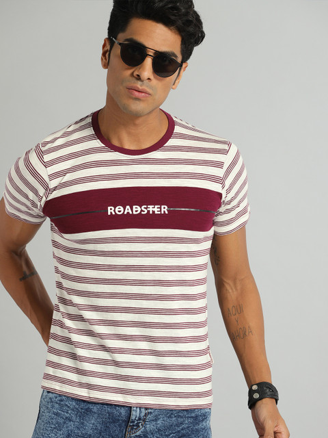

The Roadster Lifestyle Co Men White Maroon Striped Round Neck Pure Cotton T-shirt