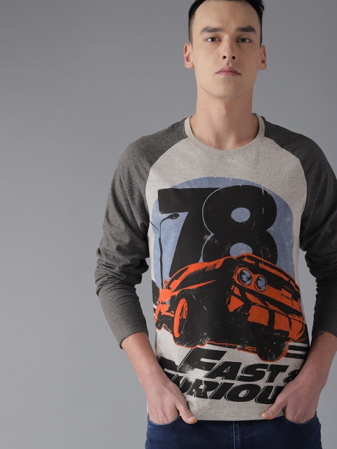 

Roadster Men Grey Melange & Black Printed Round Neck T-shirt