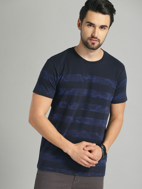 

The Roadster Lifestyle Co Men Navy Blue Camo Striped Round Neck Pure Cotton T-shirt