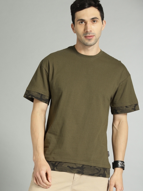 

Roadster Men Olive Green Solid Oversized Round Neck T-shirt