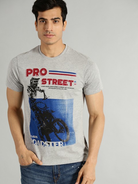 

Roadster Men Grey Melange Printed Round Neck T-shirt
