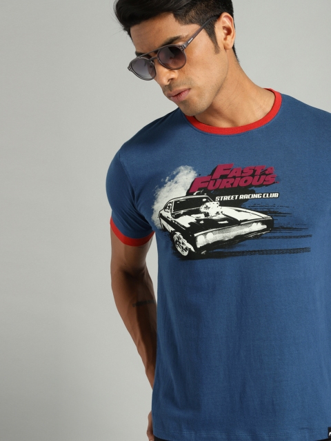 

Roadster Men Blue Printed Round Neck T-shirt