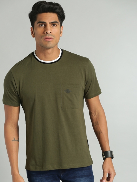 Roadster Men Olive Green Solid Round Neck T-shirt