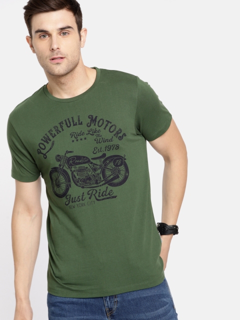 

Roadster Men Green Printed Round Neck T-shirt