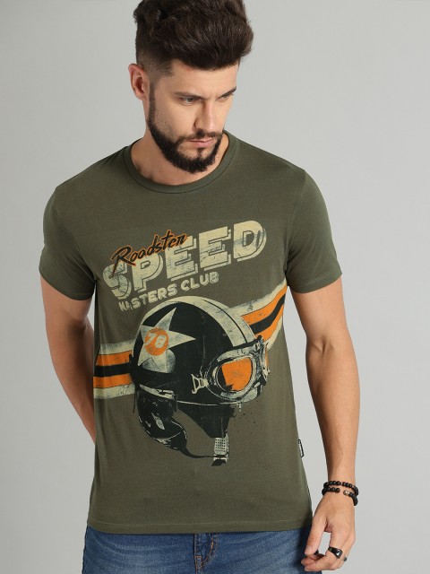

The Roadster Lifestyle Co Men Olive Green Printed Round Neck T-shirt