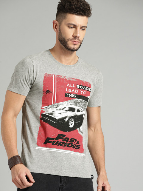 

Roadster Men Grey Printed Round Neck T-shirt