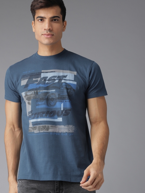 

Roadster Men Navy Blue Printed Round Neck T-shirt