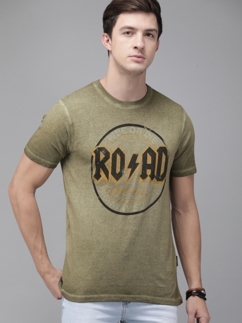 

Roadster Men Olive Green Printed Round Neck T-shirt