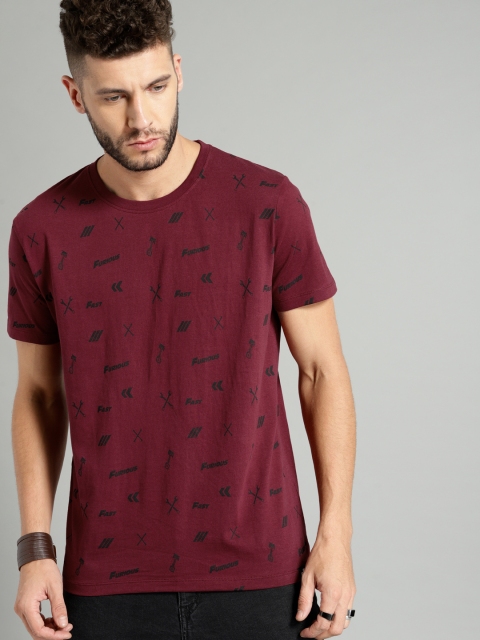 

Roadster Men Maroon Printed Round Neck T-shirt