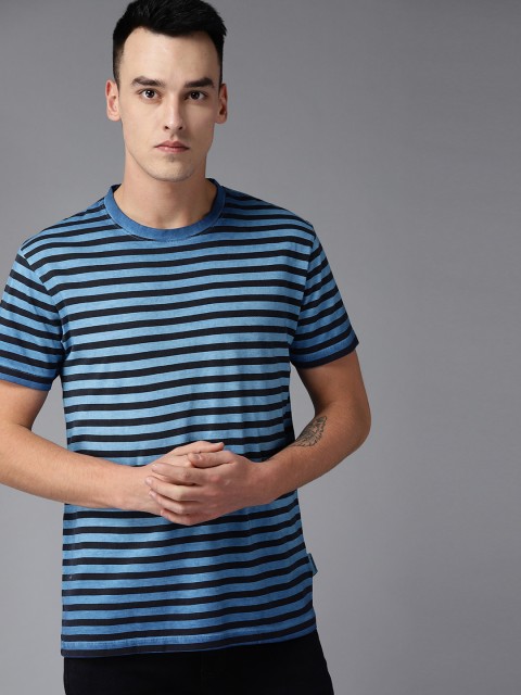 

Roadster Men Blue & Black Striped Round Neck T-shirt