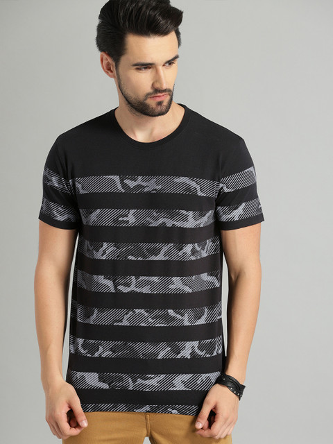 

Roadster Men Black & Grey Striped Round Neck T-shirt