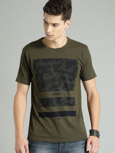 

Roadster Men Olive Green Printed Round Neck T-shirt