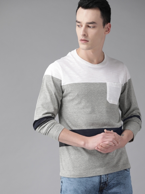 

Roadster Men Grey Melnage & White Colourblocked T-shirt, Grey melange